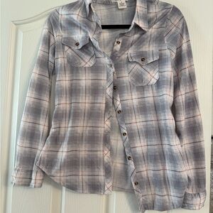 Women’s small Passport Gray button up Plaid Shirt